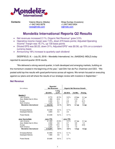 Thumbnail Mondelez International Quarterly Report 2018-q2