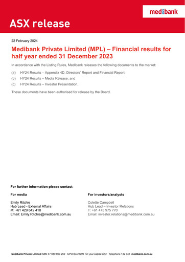 Thumbnail Medibank Half-year Report 2024-h1