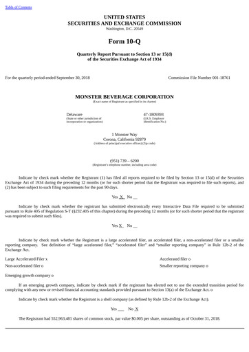 Thumbnail Monster Beverage Quarterly Report 2018-q3