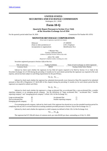Thumbnail Monster Beverage Quarterly Report 2020-q2