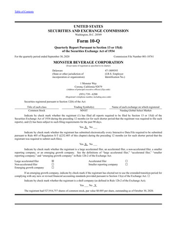 Thumbnail Monster Beverage Quarterly Report 2020-q3
