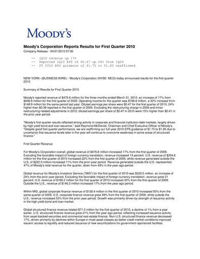 Vorschaubild Moody's Quartalsbericht 2010-q1