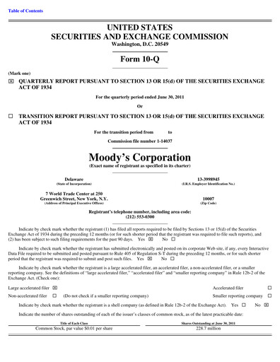 Thumbnail Moody's Quarterly Report 2011-q2