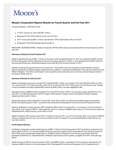 Vorschaubild Moody's Quartalsbericht 2011-q4