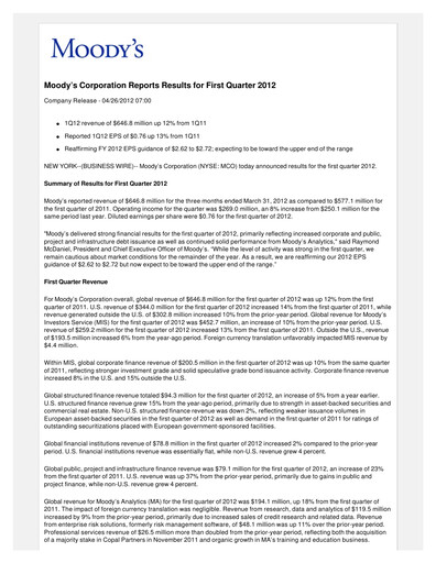Vorschaubild Moody's Quartalsbericht 2012-q1