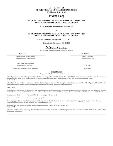 Miniature NiSource
 Rapport trimestriel 2018-q2