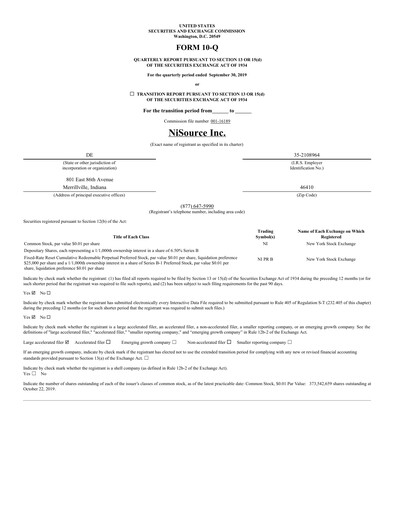Miniature NiSource
 Rapport trimestriel 2019-q3