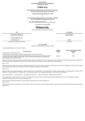 Miniature NiSource
 Rapport trimestriel 2020-q1