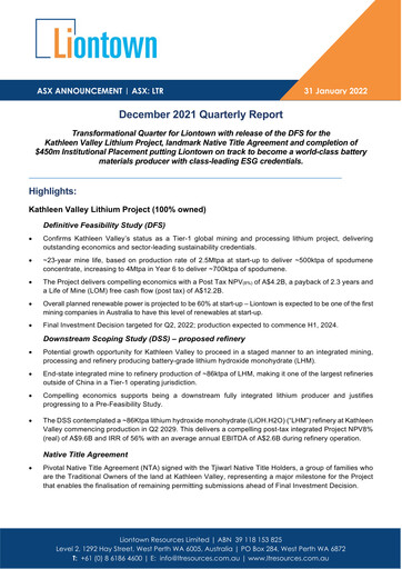 Vorschaubild Liontown Resources
 Quartalsbericht 2022-q2