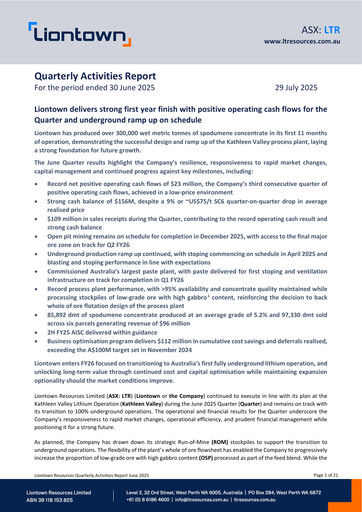 Miniature Liontown Resources
 Rapport trimestriel 2025-q4