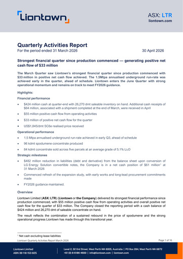 Vorschaubild Liontown Resources
 Quartalsbericht 2026-q1