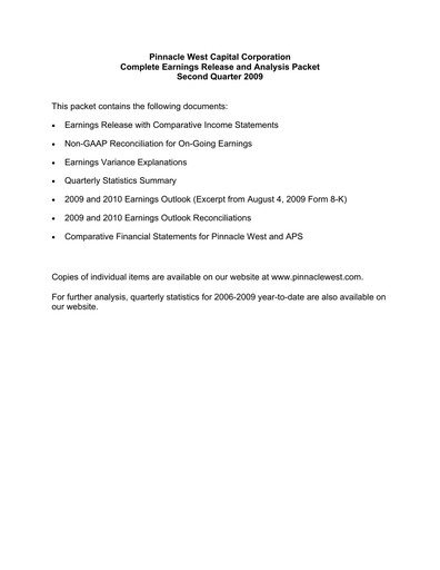 Thumbnail Pinnacle West Capital
 Quarterly Report 2009-q2