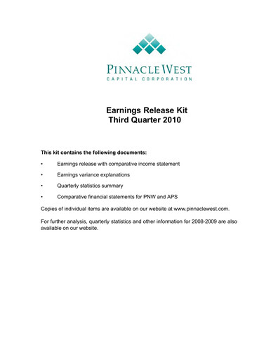 Thumbnail Pinnacle West Capital
 Quarterly Report 2010-q3