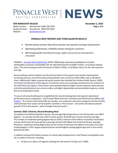 Thumbnail Pinnacle West Capital
 Quarterly Report 2023-q3