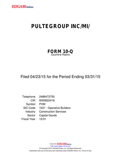Thumbnail PulteGroup Quarterly Report 2015-q1