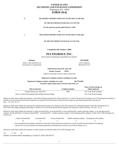 Thumbnail PulteGroup Quarterly Report 2020-q1