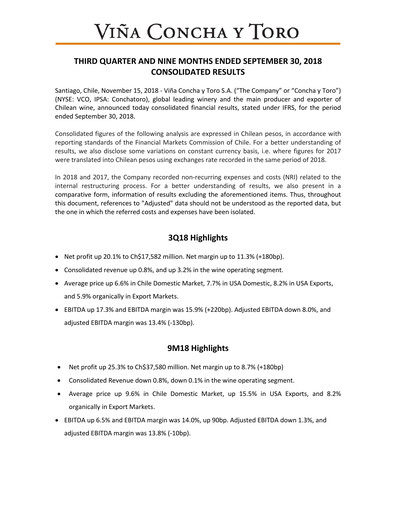 Thumbnail Viña Concha y Toro Quarterly Report 2018-q3