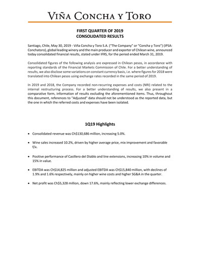 Thumbnail Viña Concha y Toro Quarterly Report 2019-q1