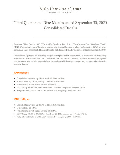 Thumbnail Viña Concha y Toro Quarterly Report 2020-q3