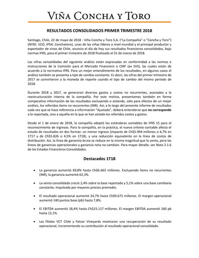 Thumbnail Viña Concha y Toro Quarterly Report 2018-q1