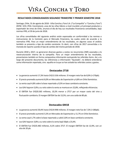 Thumbnail Viña Concha y Toro Quarterly Report 2018-q2