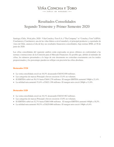Thumbnail Viña Concha y Toro Quarterly Report 2020-q2