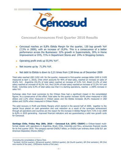 Miniature Cencosud
 Rapport trimestriel 2010-q1