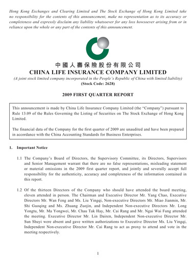 Vorschaubild China Life Insurance Quartalsbericht 2009-q1