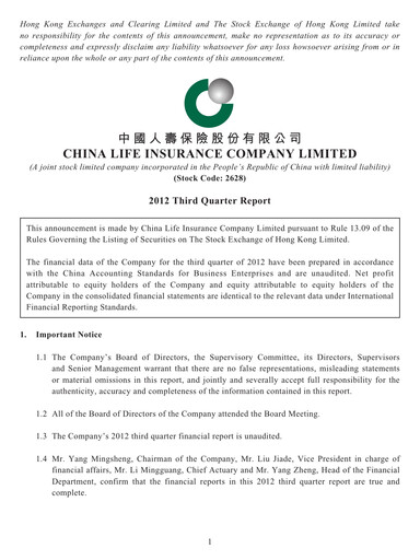Vorschaubild China Life Insurance Quartalsbericht 2012-q3
