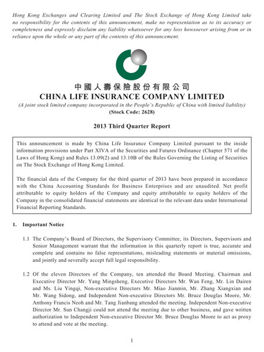 Vorschaubild China Life Insurance Quartalsbericht 2013-q3
