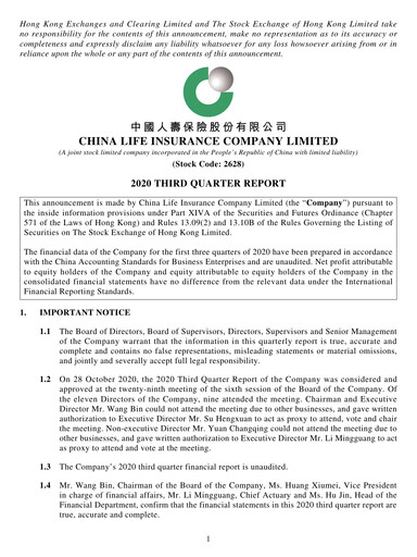 Vorschaubild China Life Insurance Quartalsbericht 2020-q3