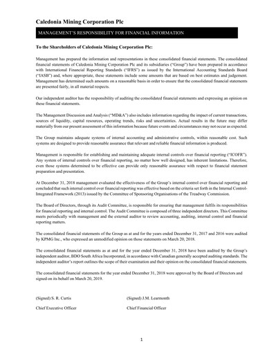 Thumbnail Caledonia Mining Financial Statement 2018