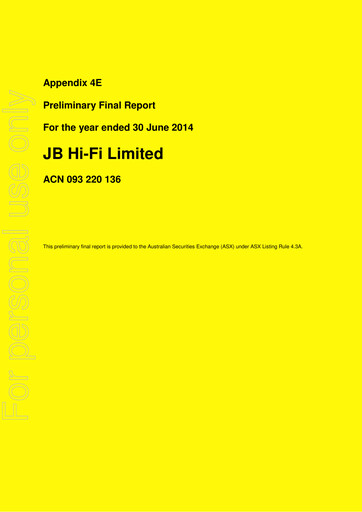 Thumbnail JB Hi-Fi
 Financial Report fy2014