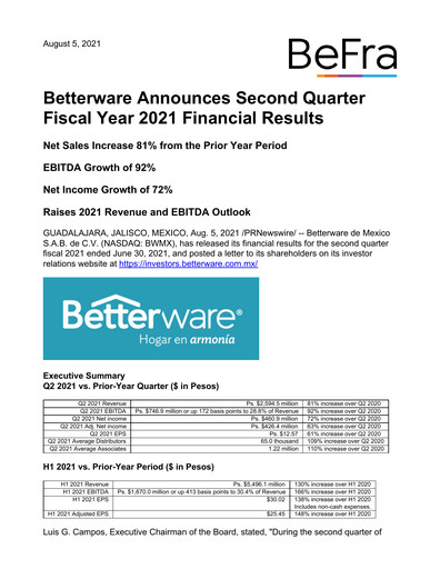 Thumbnail Betterware de Mexico Quarterly Report 2021-q2