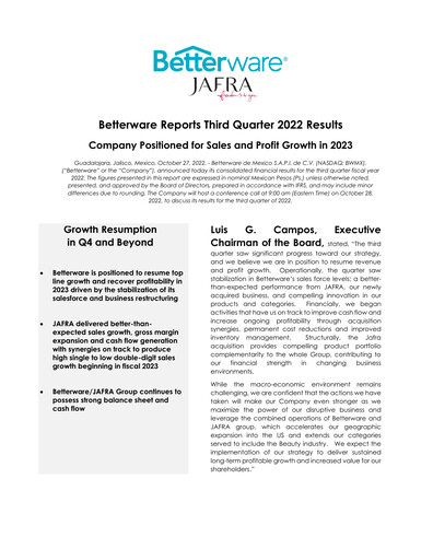 Thumbnail Betterware de Mexico Quarterly Report 2022-q3
