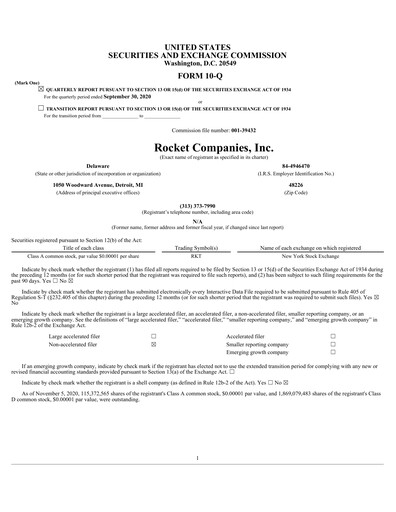 Thumbnail Rocket Companies
 Quarterly Report 2020-q3