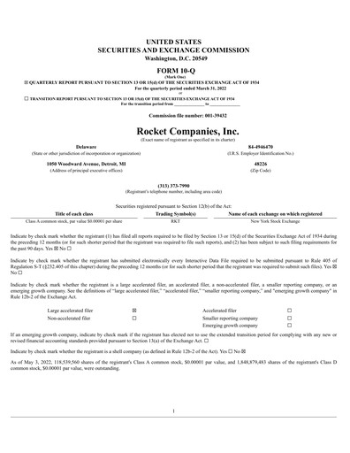 Thumbnail Rocket Companies
 Quarterly Report 2022-q1