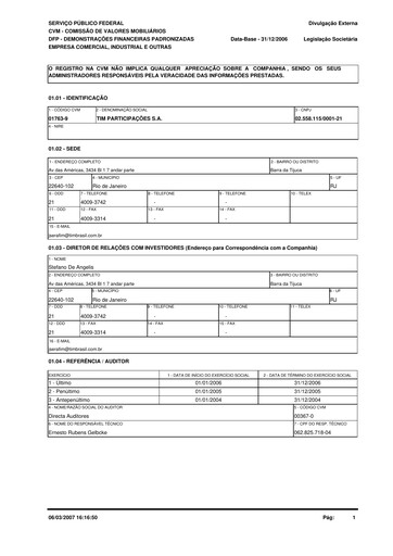 Miniature TIM S.A. Bilan financier 2006