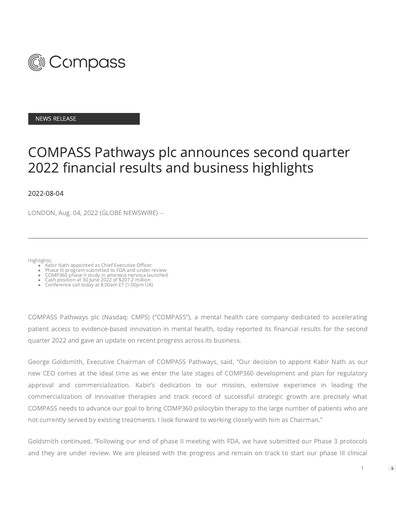 Miniature COMPASS Pathways Rapport trimestriel 2022-q2