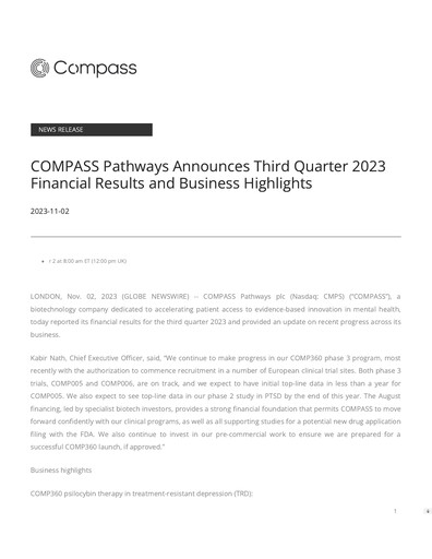 Miniature COMPASS Pathways Rapport trimestriel 2023-q3