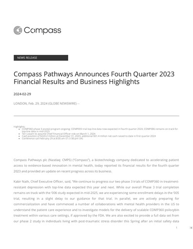 Miniature COMPASS Pathways Rapport trimestriel 2023-q4