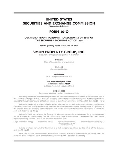Thumbnail Simon Property Group Quarterly Report 2014-q2