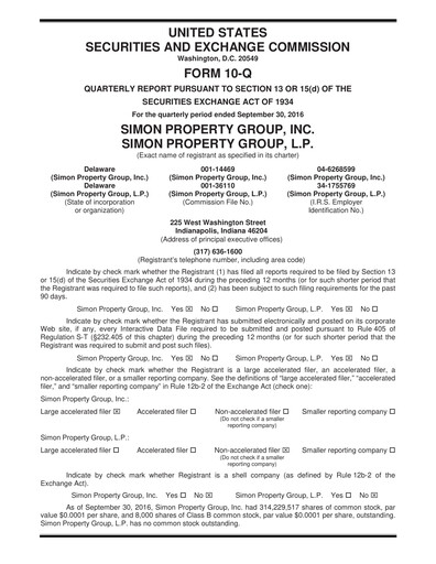 Thumbnail Simon Property Group Quarterly Report 2016-q3