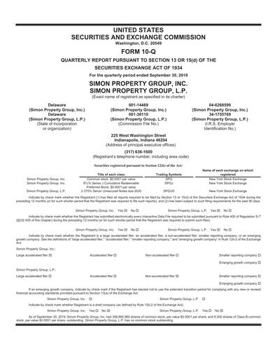 Thumbnail Simon Property Group Quarterly Report 2019-q3