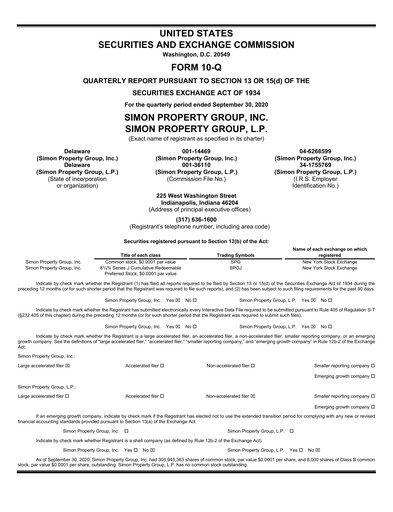 Thumbnail Simon Property Group Quarterly Report 2020-q3