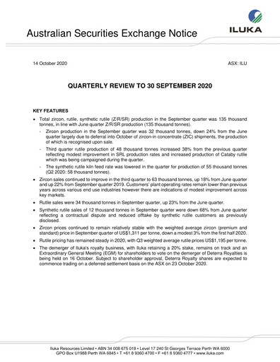 Miniature Iluka Resources Rapport trimestriel 2020-q3
