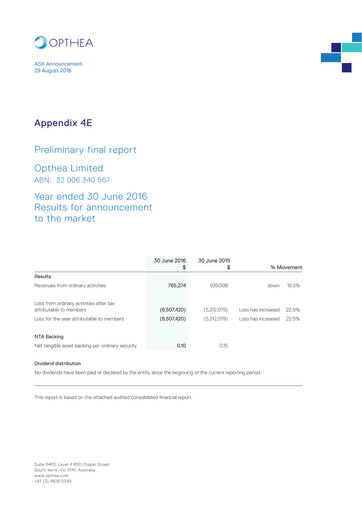 Thumbnail Opthea Annual Report 2015-2016
