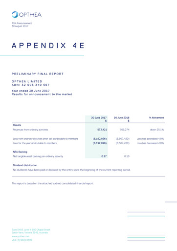 Thumbnail Opthea Annual Report 2016-2017