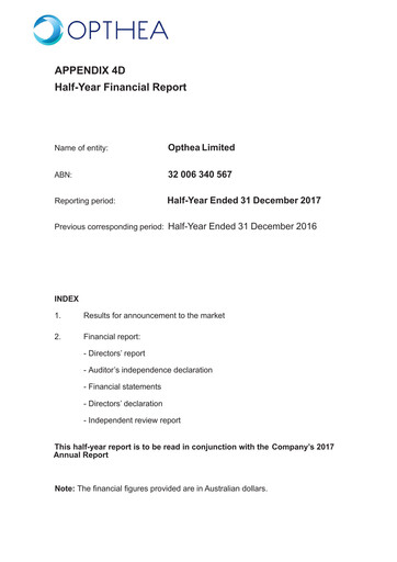 Thumbnail Opthea Financial Report 2018-h1
