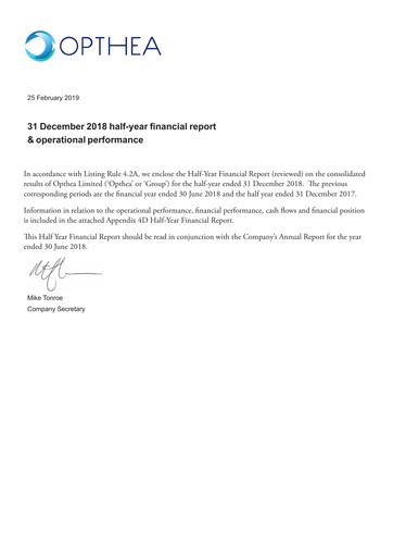 Thumbnail Opthea Financial Report 2019-h1